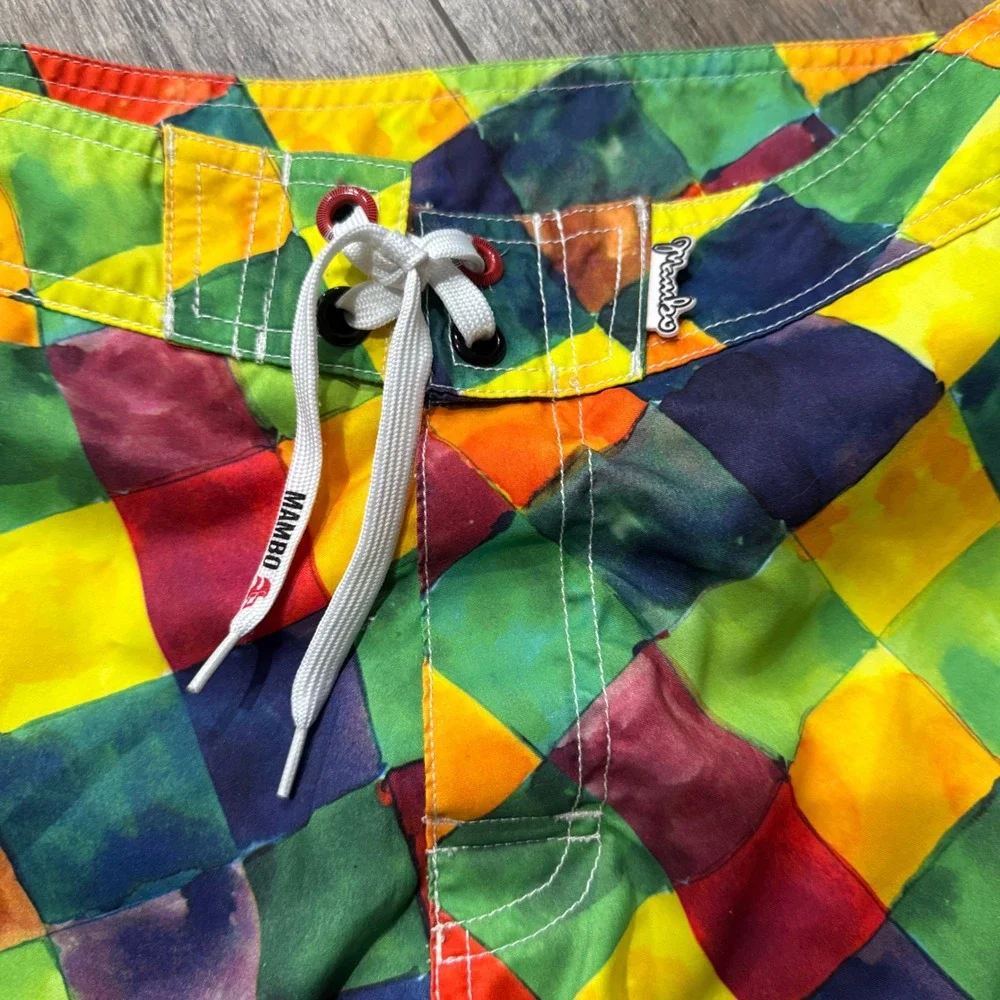 Mambo Board Shorts Mens Medium Multi Color Watercolor Checkerboard Swim Trunks